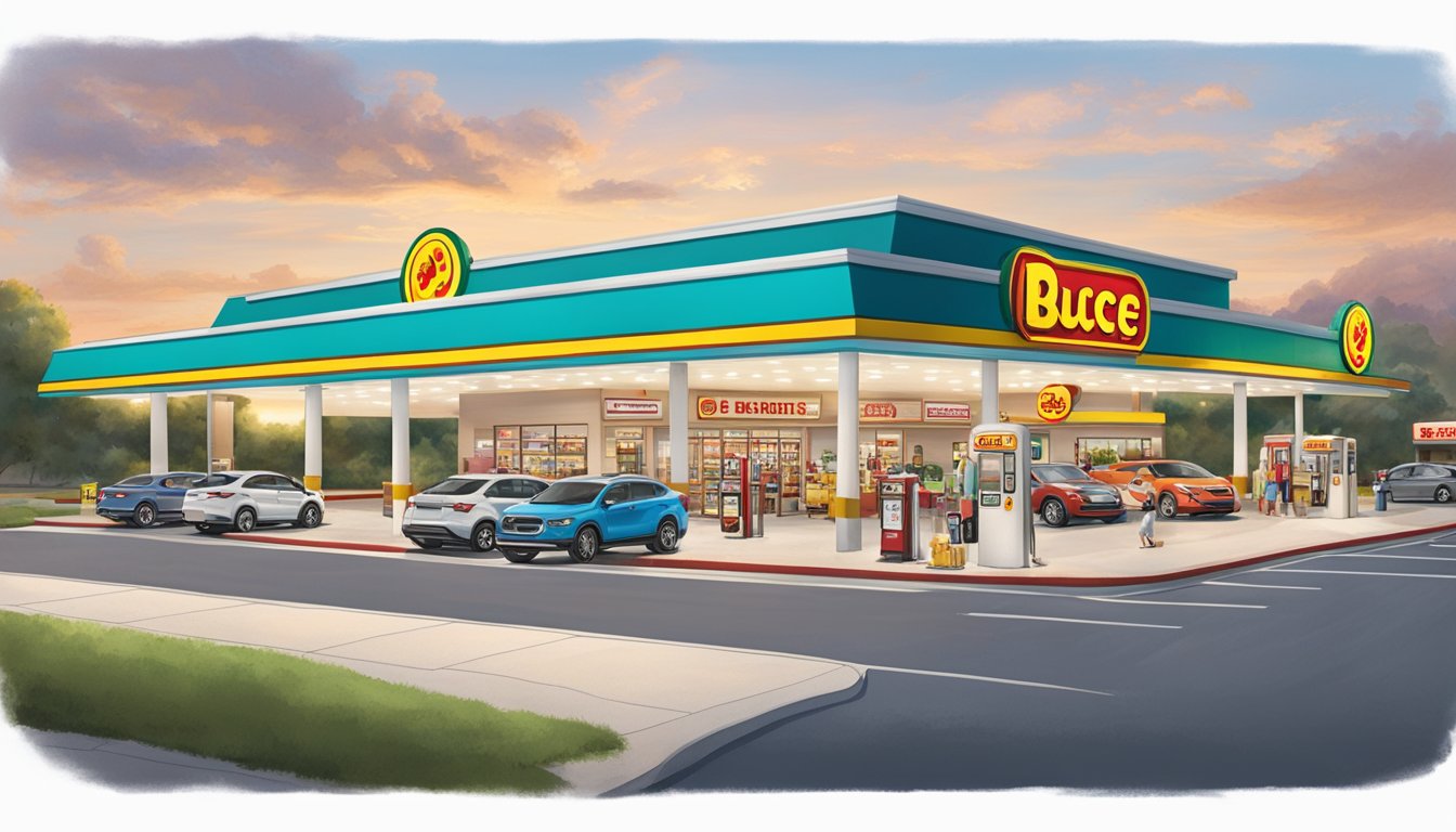 A bustling buc-ee's gas station with fuel pumps, convenience store, and ample parking