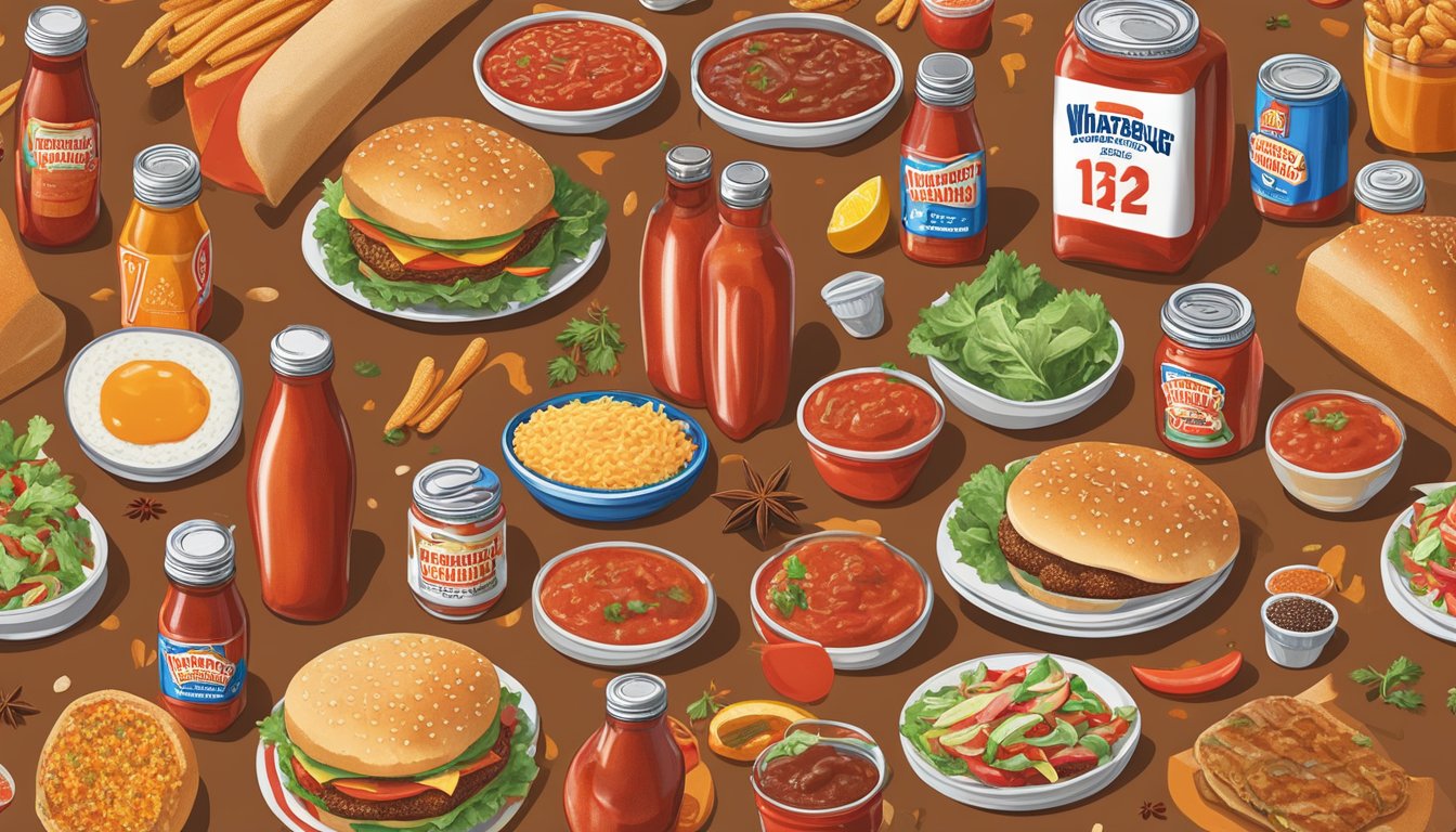 A Whataburger ketchup bottle surrounded by 12 HEB products, such as salsa and spices, arranged on a Texas-themed tablecloth