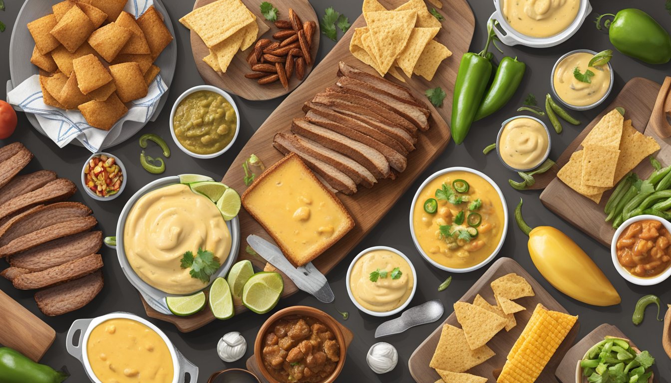 A Texas BBQ spread with HEB Hatch Green Chile Queso as the centerpiece, surrounded by 14 other HEB products