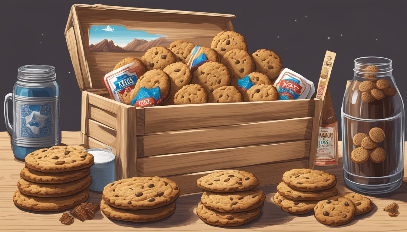 A rustic wooden crate filled with HEB Cowboy Cookies surrounded by other Texas-themed souvenirs