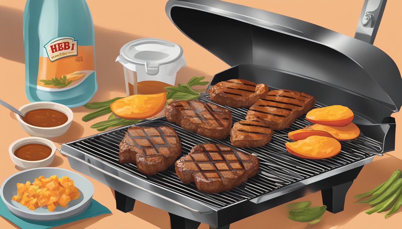 A sizzling grill with various HEB products, including the Smoky Peach Grilling Sauce, set up for a Texas-sized BBQ