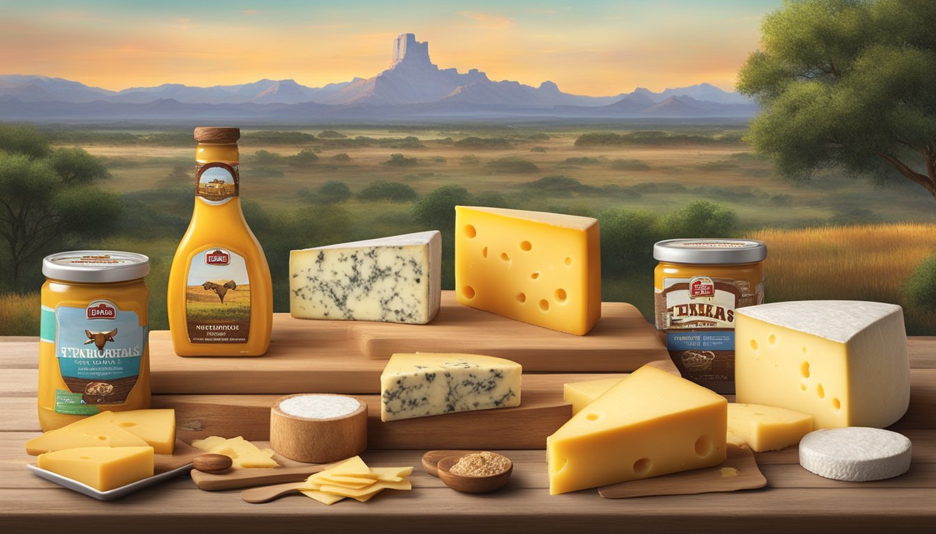 A colorful display of Texas Longhorn Cheese and other HEB products arranged on a rustic wooden table, with a backdrop of iconic Texas scenery