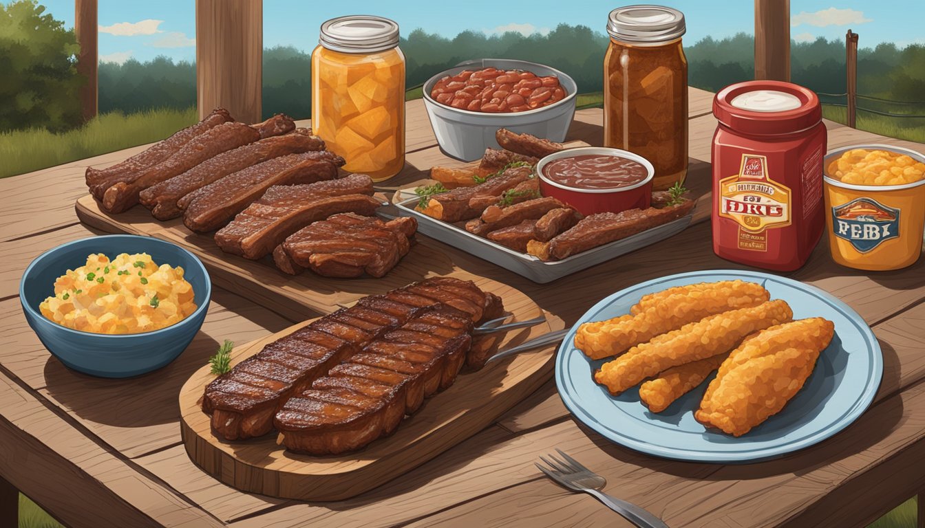 A rustic Texas BBQ spread with HEB Country Style Pork Ribs and other products displayed on a wooden table