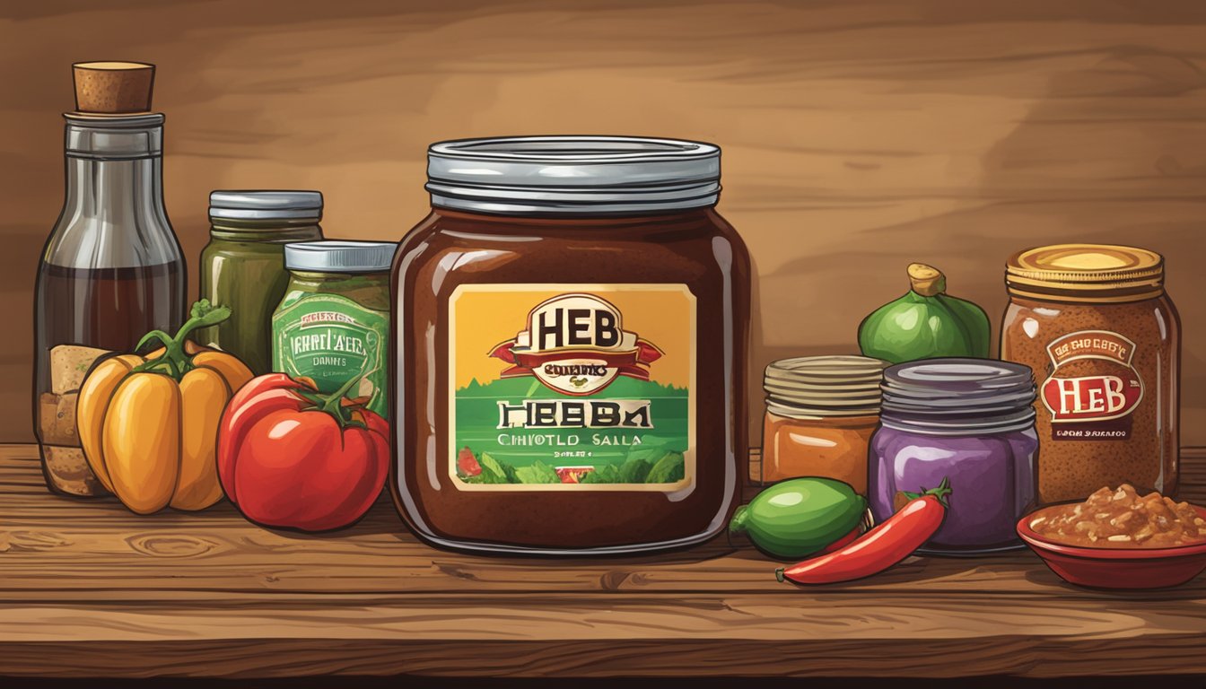 A jar of HEB Smoky Chipotle Salsa surrounded by other Texan souvenirs on a rustic wooden table