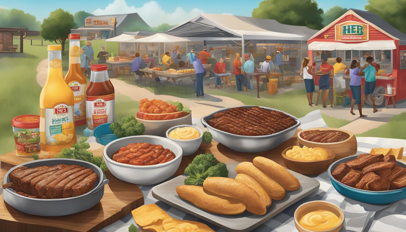 A vibrant Texas BBQ scene with a spread of HEB products, including Sea Salt Butter, set against a backdrop of a bustling outdoor cookout