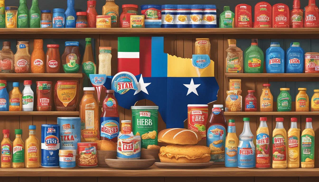 A colorful display of HEB products representing Texas culture and landmarks, arranged neatly on a shelf with a Lone Star flag in the background