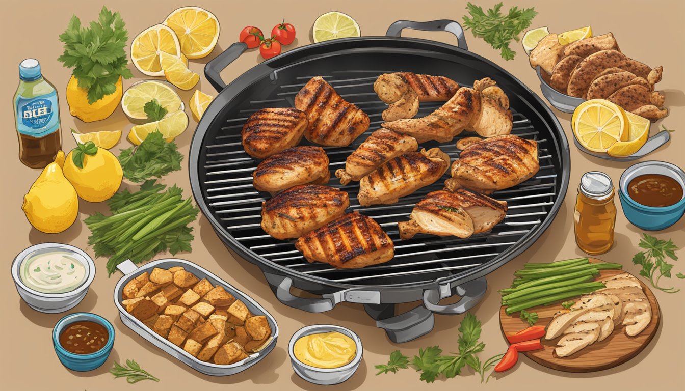 A sizzling grill with HEB Lemon Herb Grilled Chicken surrounded by 15 HEB products for a Texas-sized BBQ