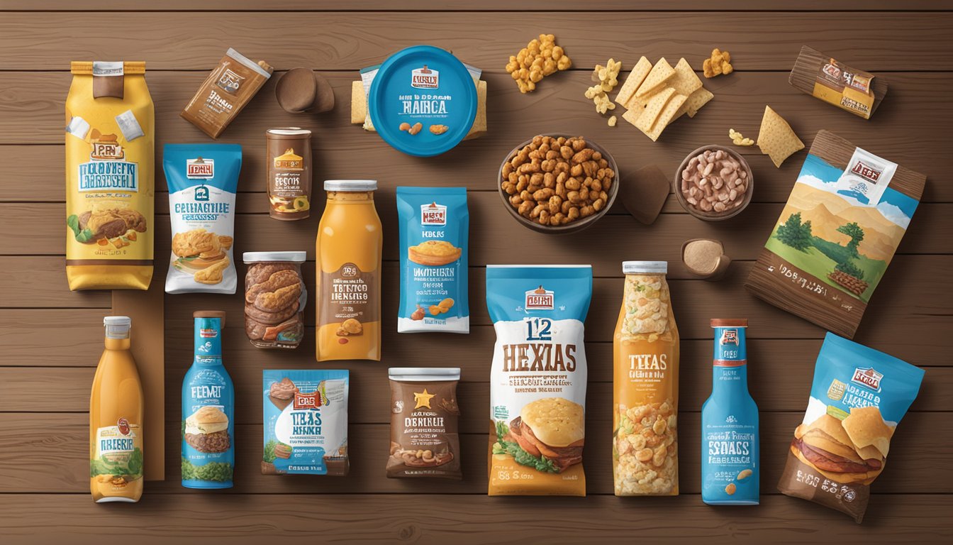 A collection of 12 HEB products arranged on a rustic wooden table with Texas-themed packaging and presentation, including snacks, sauces, and other local favorites