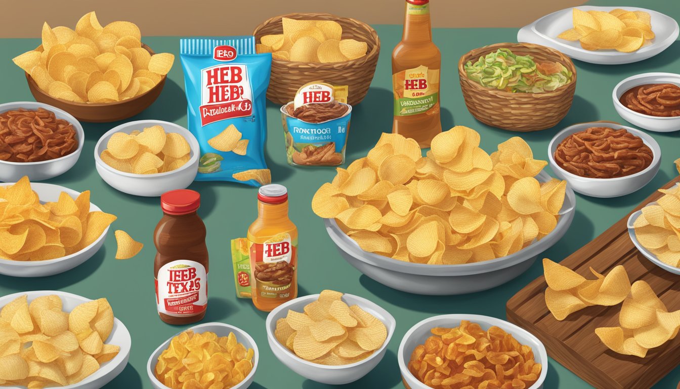 A table filled with HEB Original Potato Chips and 14 other HEB products ready for a Texas-sized BBQ