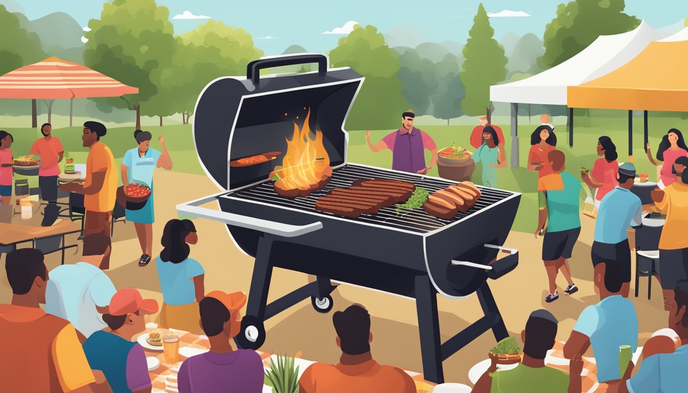 A vibrant outdoor BBQ scene with a large grill surrounded by various HEB Texas Touch Rub products, with smoke rising and people gathered around enjoying the food