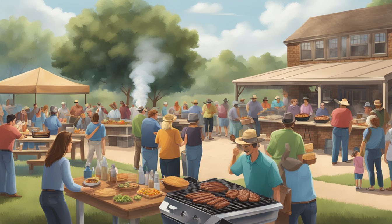 A sprawling outdoor BBQ with a variety of HEB products, smoke billowing from the grill, and people gathered around enjoying the Texas tradition