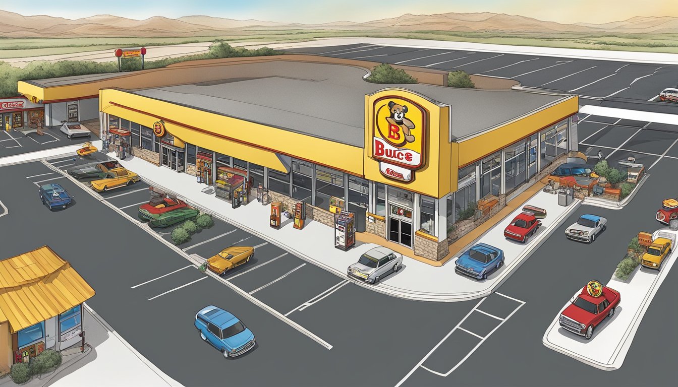 A bustling Buc-ee's travel center with gas pumps, a large convenience store, and a prominent beaver mascot logo