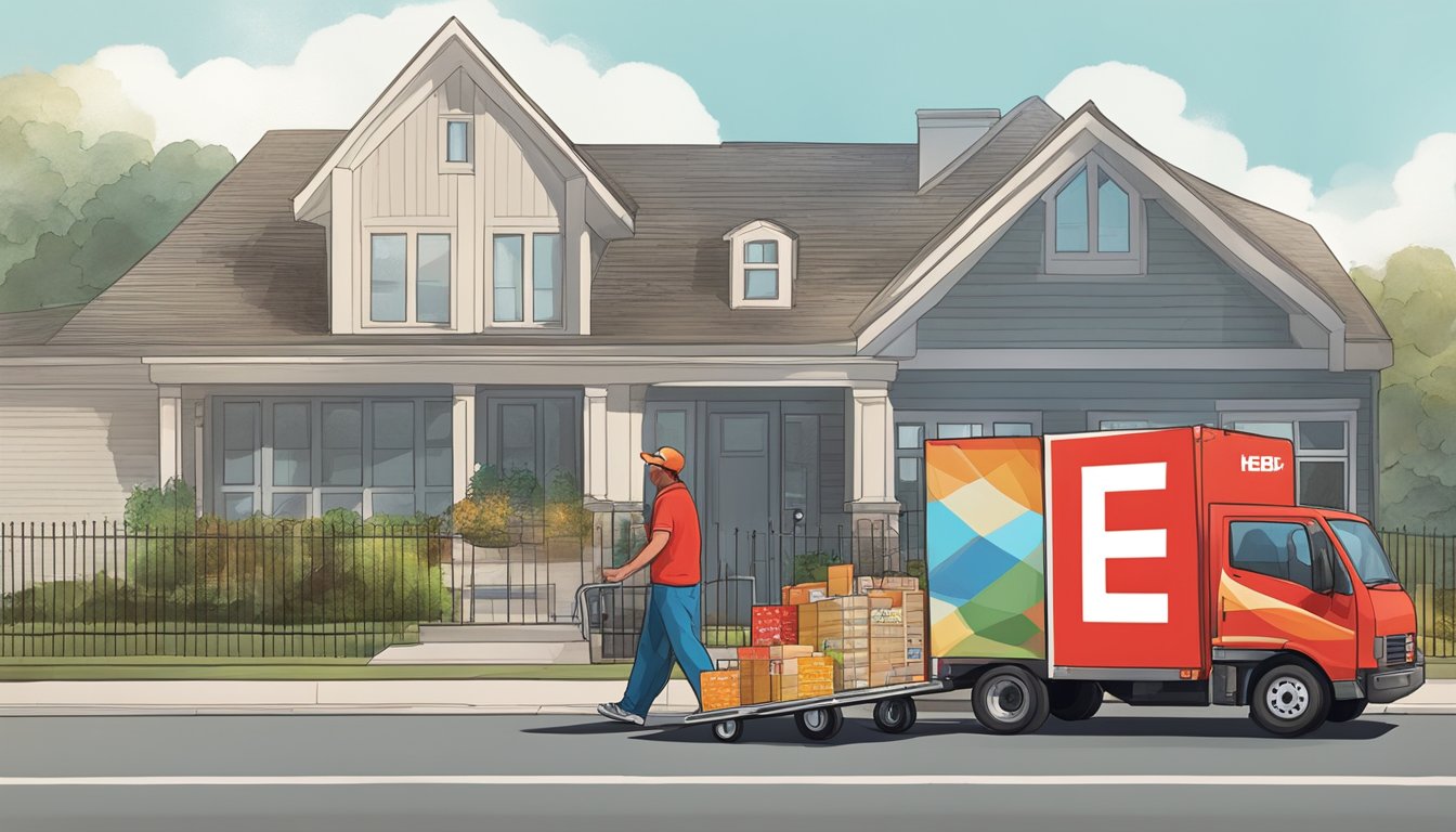 A delivery truck parked outside a house, with a HEB logo on the side. A delivery person unloading groceries onto the doorstep