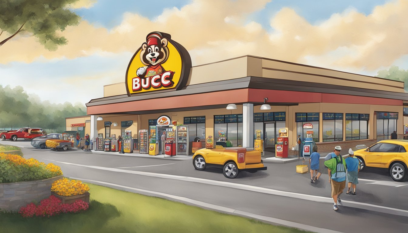 A bustling Buc-ee's location with a clean and welcoming store, busy gas pumps, and a large, iconic beaver mascot standing proudly outside