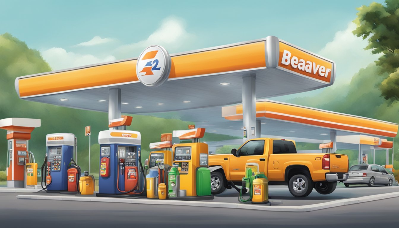 A bustling gas station with a large, beaver-shaped mascot, surrounded by fuel pumps and a well-stocked convenience store