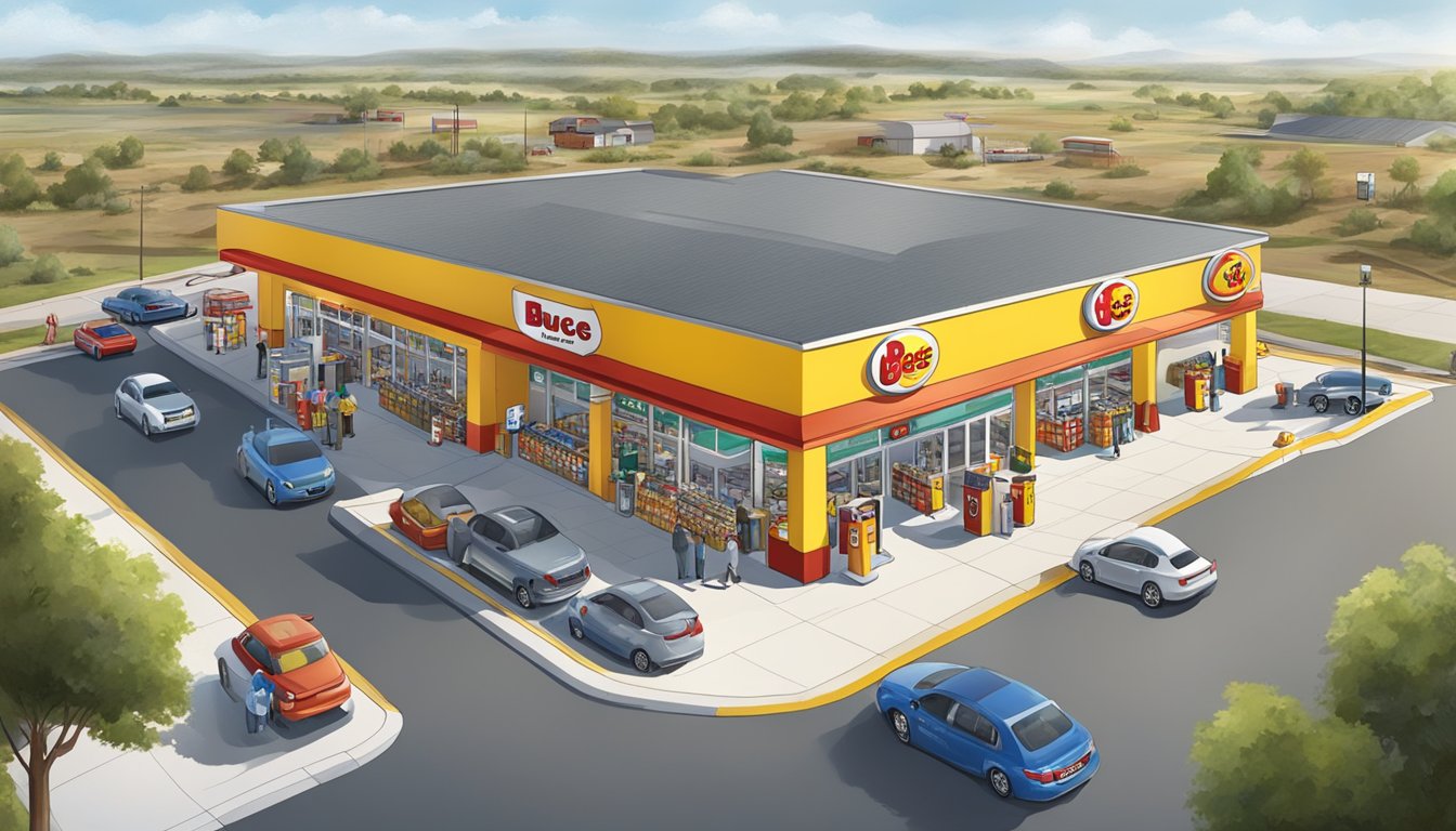 A bustling buc-ee's gas station with fuel pumps, a large convenience store, clean restrooms, and a wide variety of snacks and merchandise