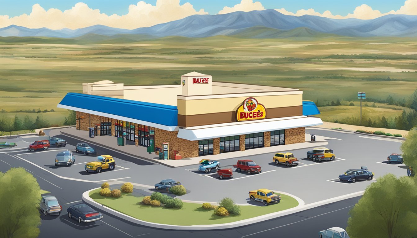 A sprawling landscape of the Buc-ee's Brand gas station in Colorado, surrounded by mountains and under a clear blue sky