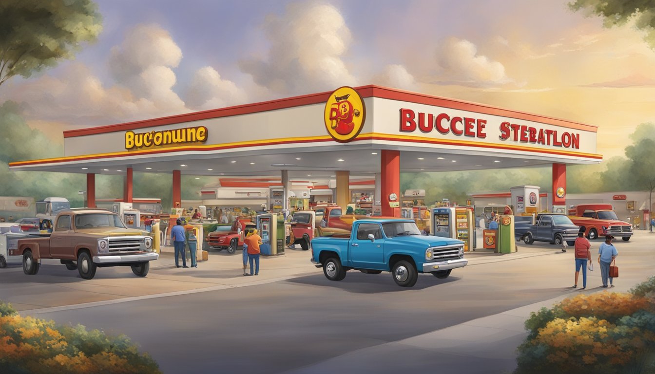 A bustling buc-ee's gas station surrounded by a diverse array of vehicles and patrons, with employees diligently tending to their duties and engaging with customers