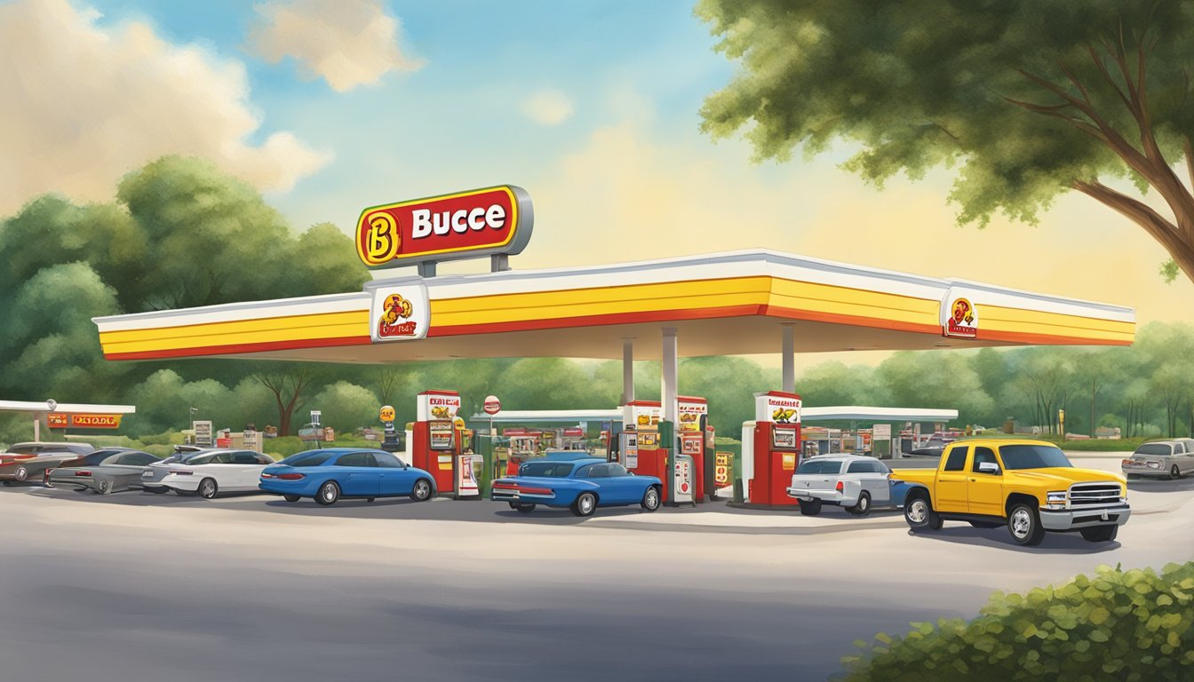 A bustling Buc-ee's gas station with a large sign, fuel pumps, and a crowded parking lot surrounded by lush greenery and a clear blue sky