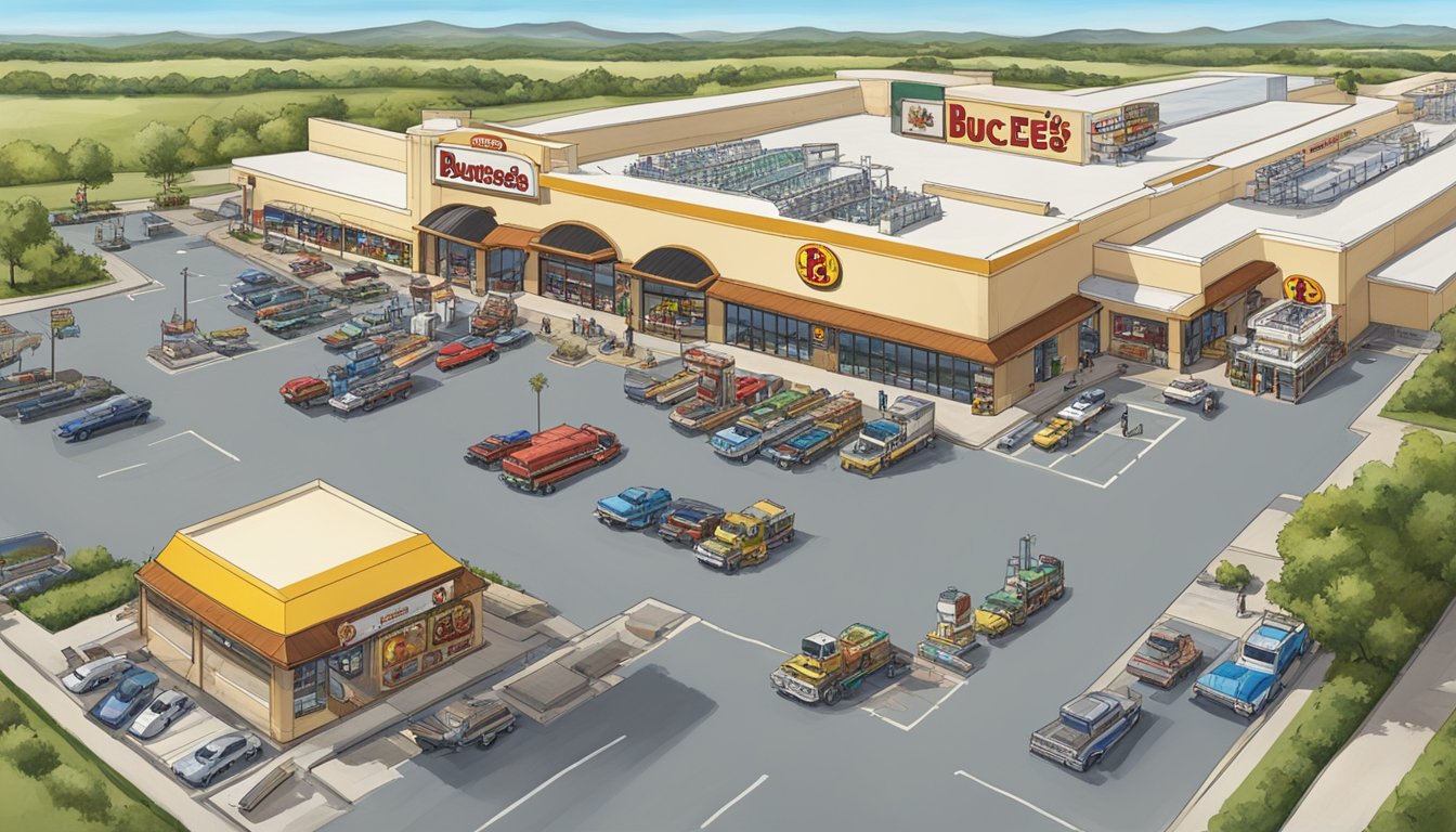 A wide-angle view of Buc-ee's store with a large ship in the background, surrounded by a bustling parking lot and gas pumps