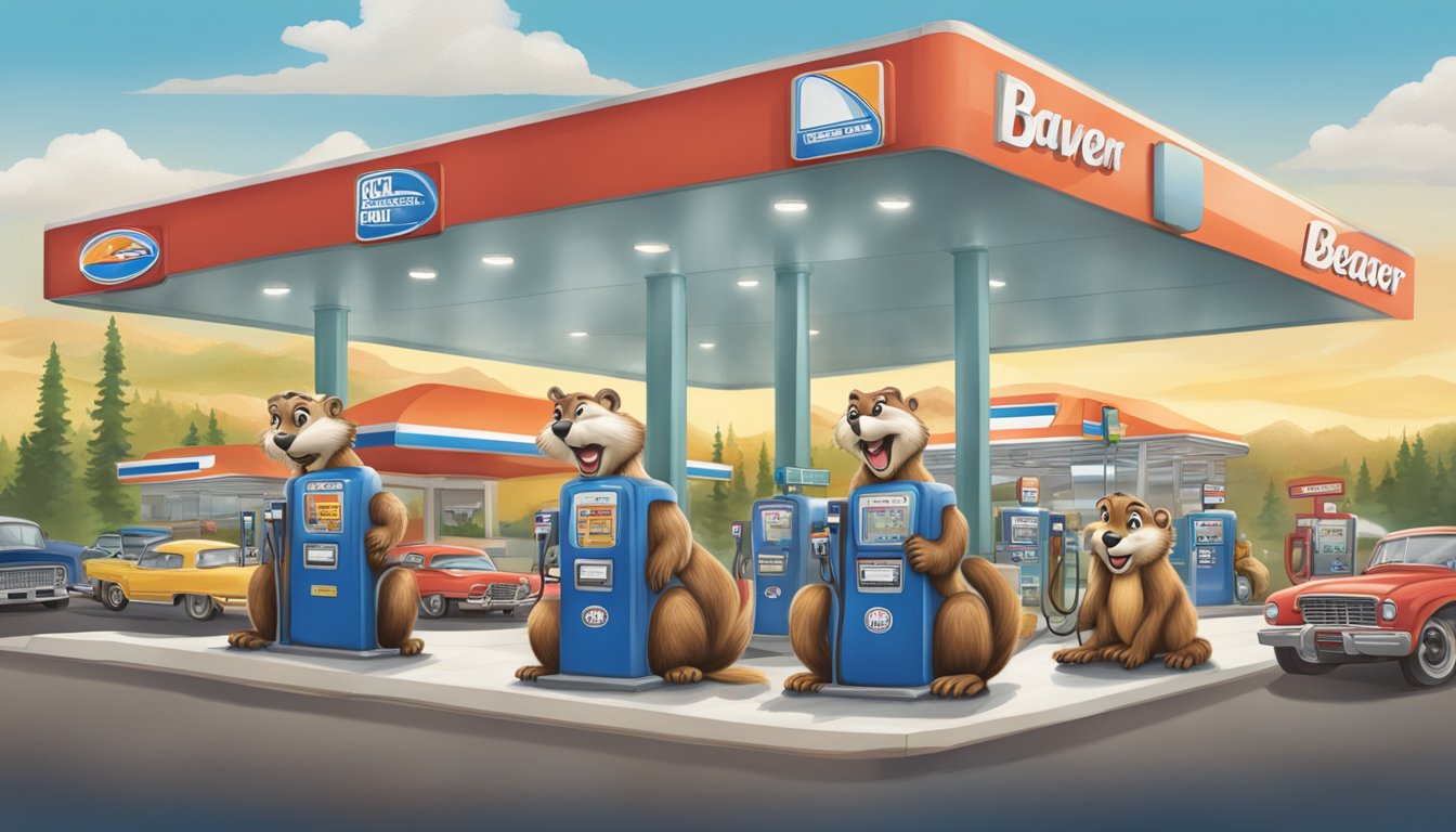 A bustling gas station with a large, iconic beaver mascot and a sign advertising various career opportunities. The station is surrounded by gas pumps and busy with customers