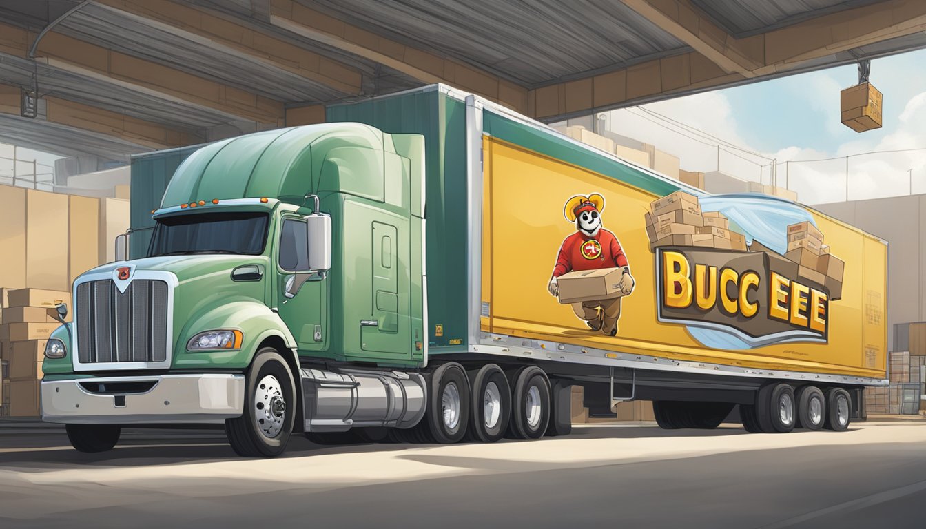 A large truck carrying packages labeled with the Buc-ee's logo pulls up to a shipping center. Workers unload the cargo onto a conveyor belt