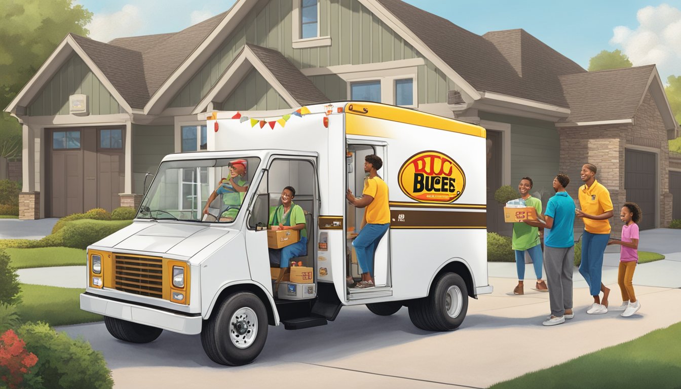 A delivery truck parked outside a suburban home, with a smiling family receiving a large package labeled with the Buc-ee's logo