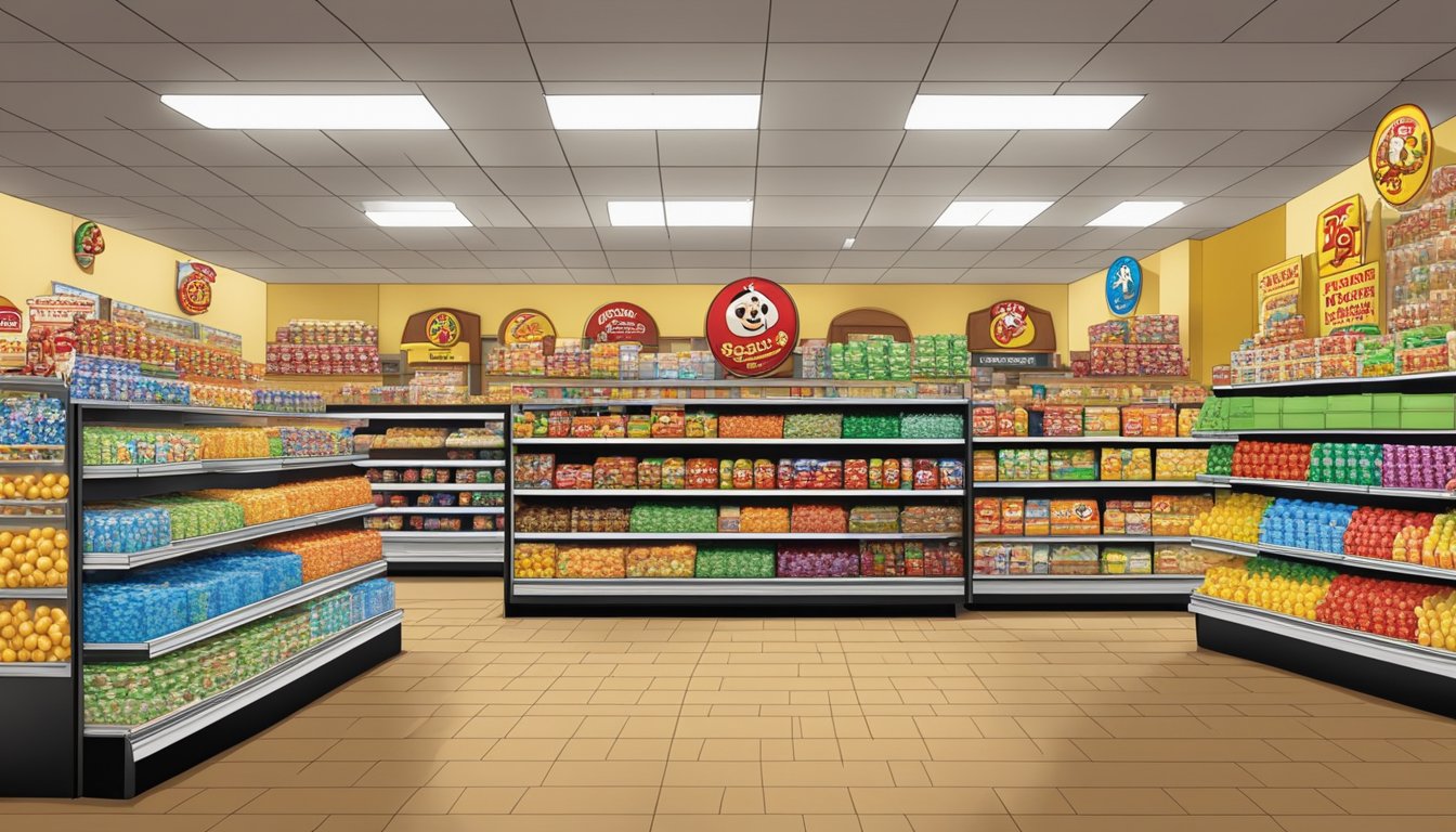 A colorful array of Buc-ee's specialty products, including snacks, candies, and merchandise, neatly arranged on shelves in a bustling store