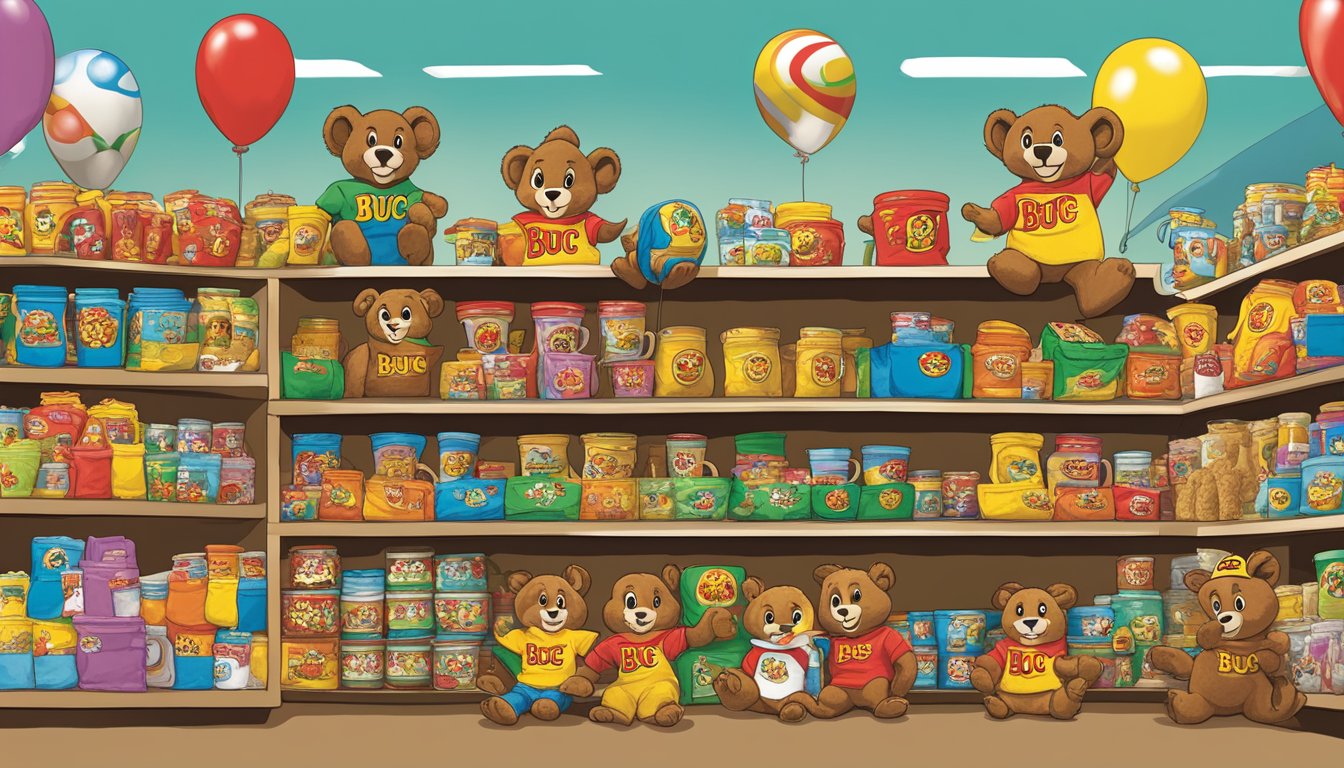 A colorful array of Buc-ee's merchandise fills the shelves, including t-shirts, mugs, and plush toys, all featuring the iconic beaver mascot