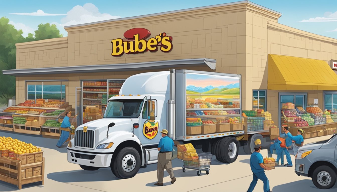 A refrigerated truck delivers fresh products to a bustling buc-ee's store, with workers unloading and stocking shelves