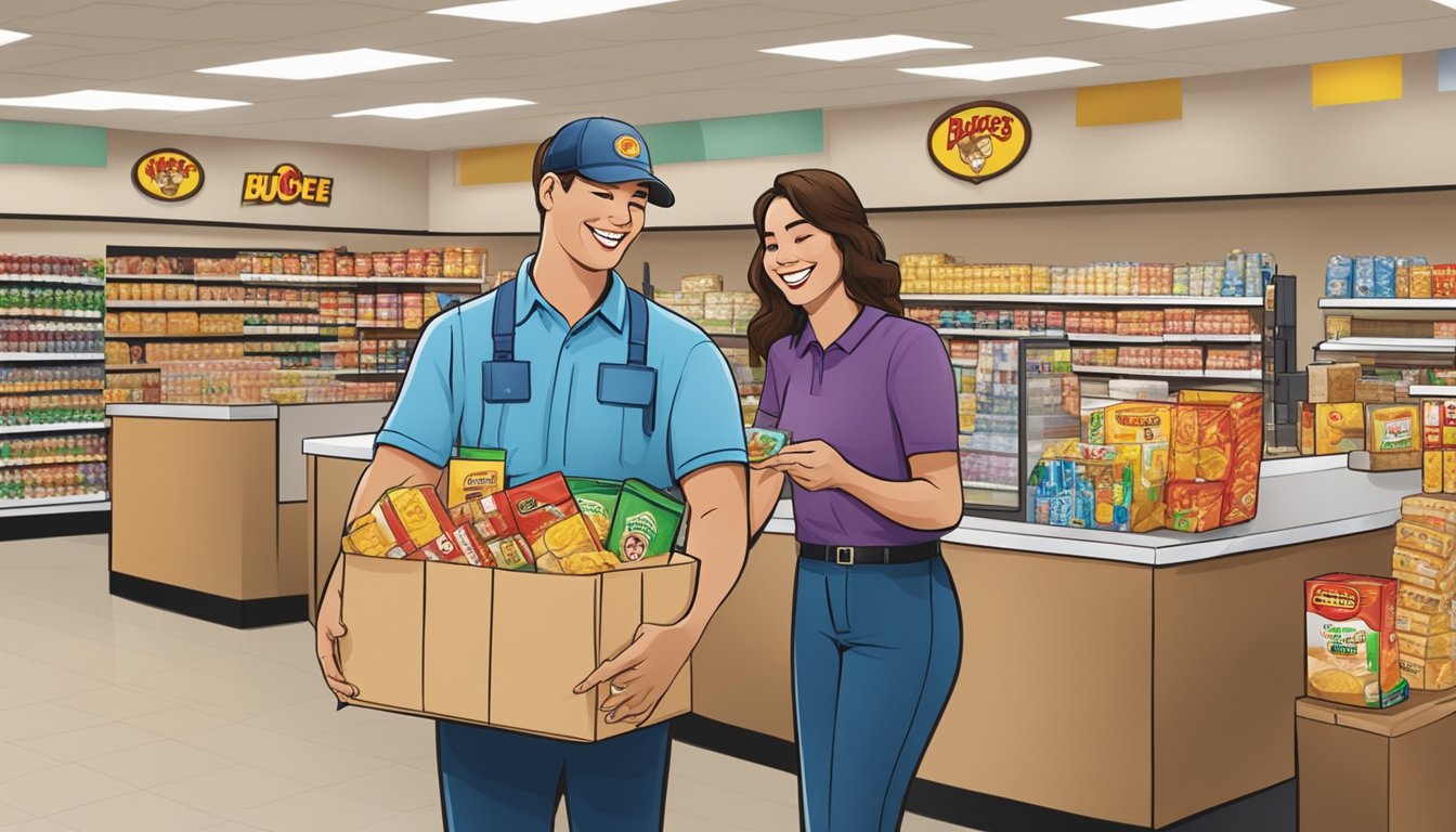 A smiling customer service representative hands a package to a happy customer at a Buc-ee's store