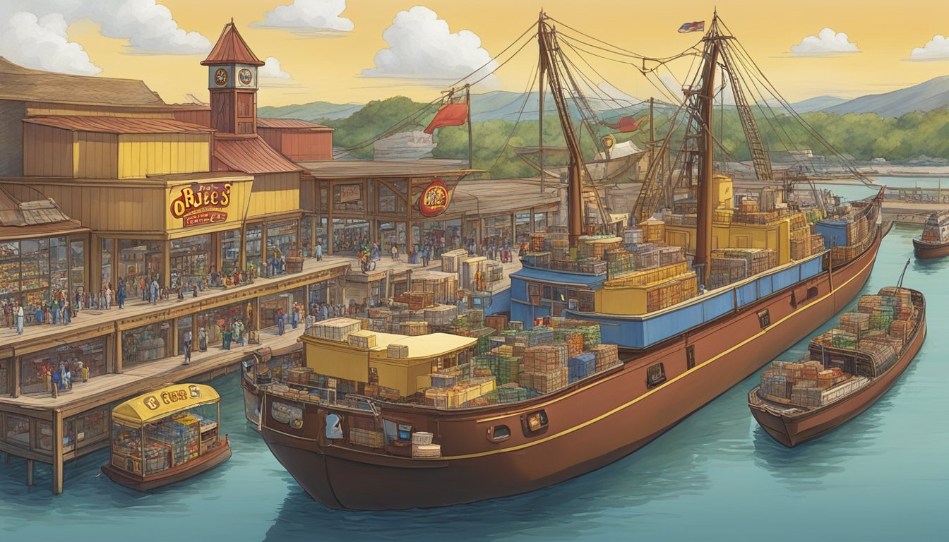 A giant Buc-ee's ship sails through a bustling port, with workers loading and unloading cargo while onlookers marvel at its cultural impact