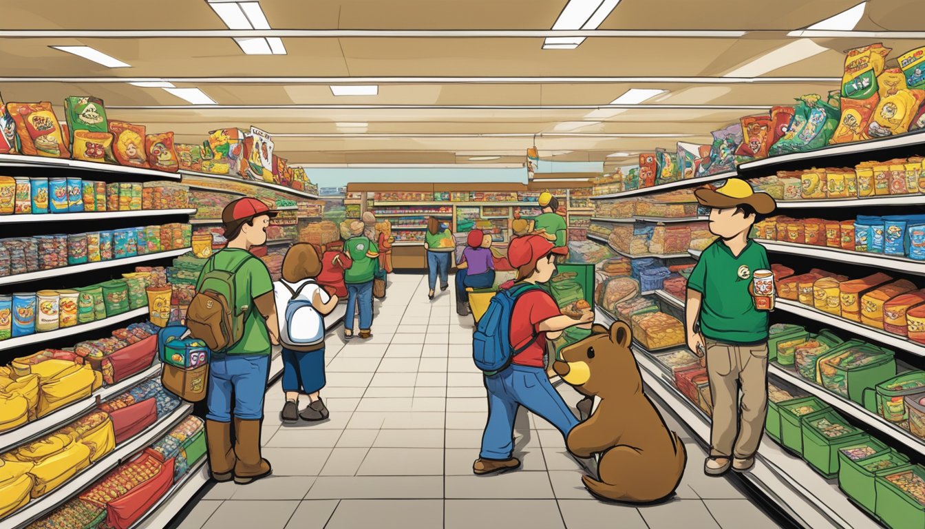 A crowded store with customers browsing and purchasing various buc-ee's merchandise, including t-shirts, mugs, and snacks. The brand's beaver mascot is prominently displayed throughout the store