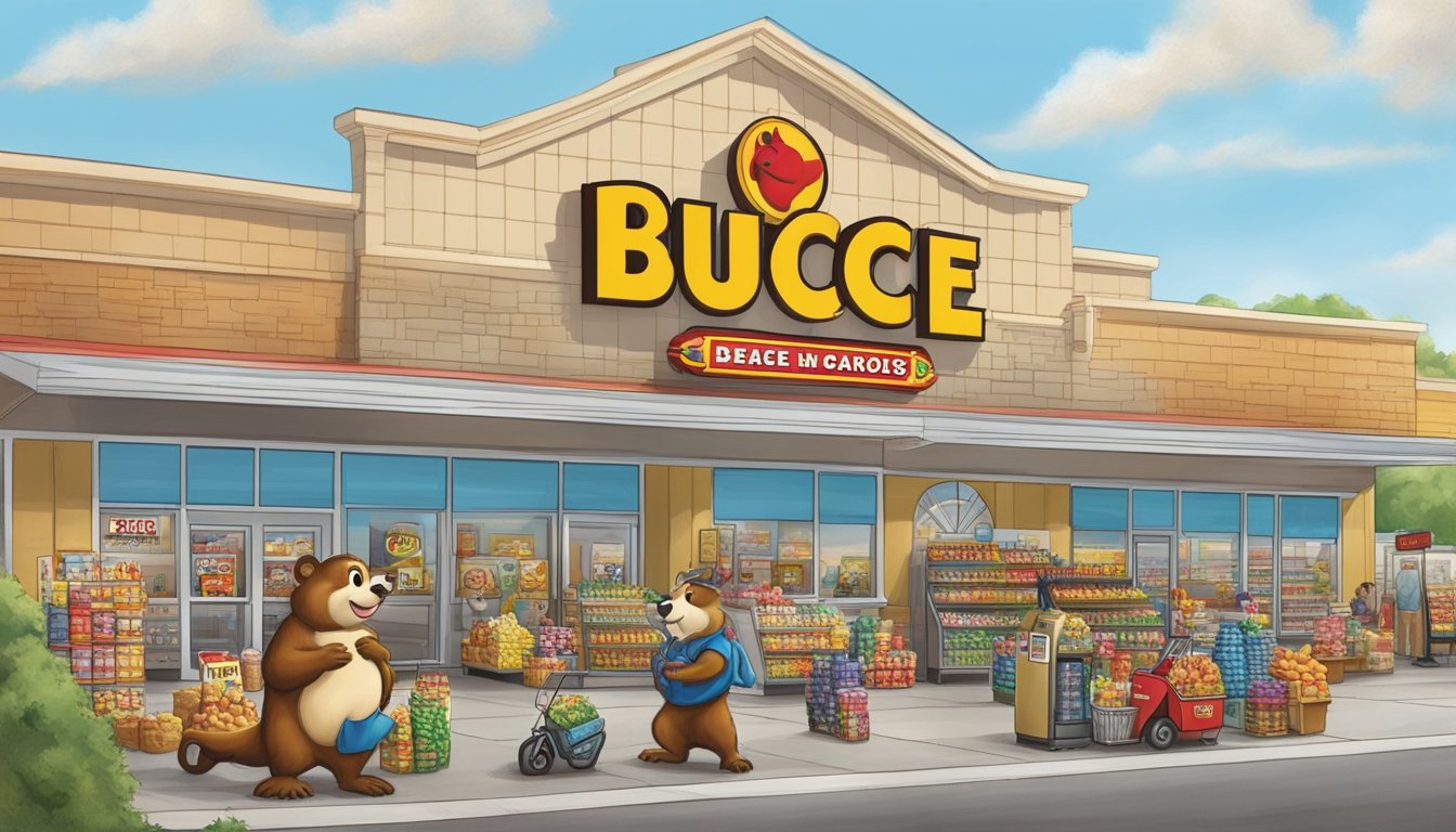 A bustling Buc-ee's store in Alabama, with a giant beaver mascot, gas pumps, and a variety of snacks and merchandise