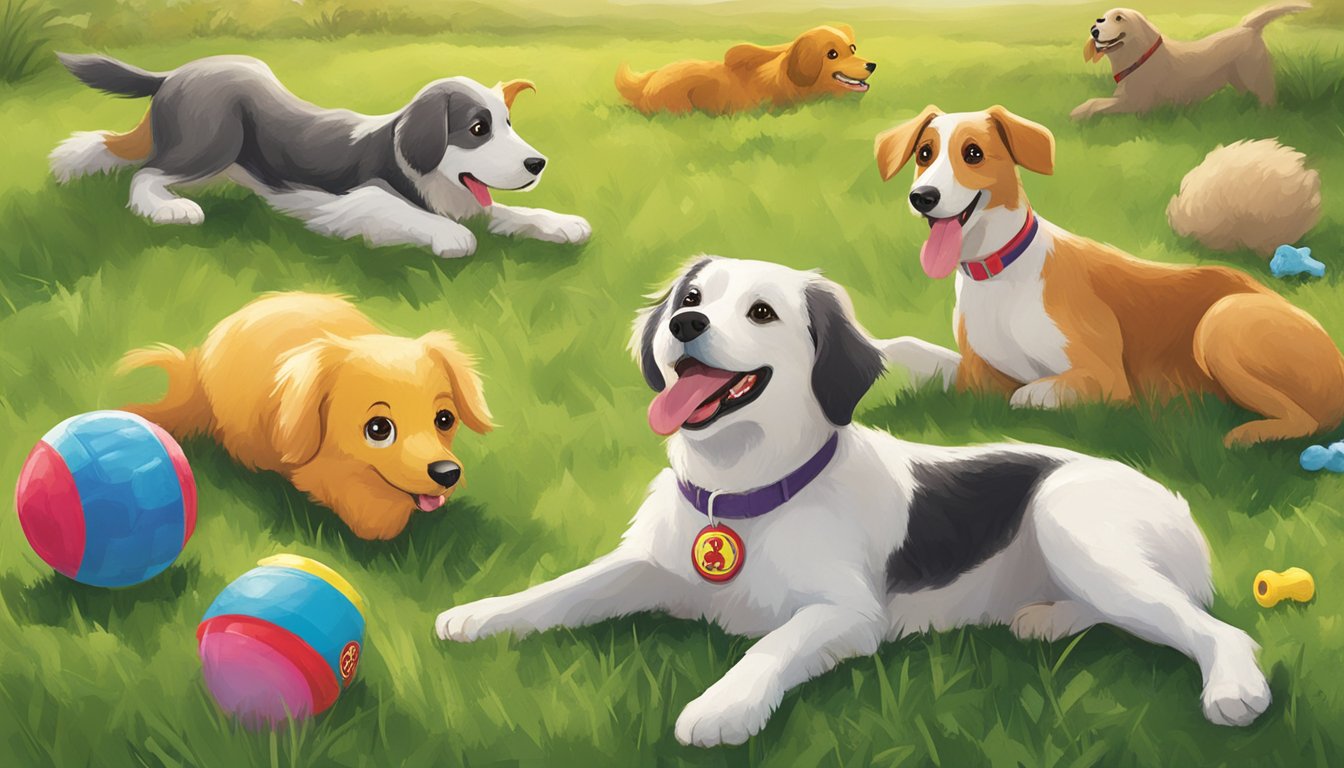 A variety of Buc-ee's dog toys scattered on a grassy field, with a happy dog playing with a plush toy and a rubber chew toy