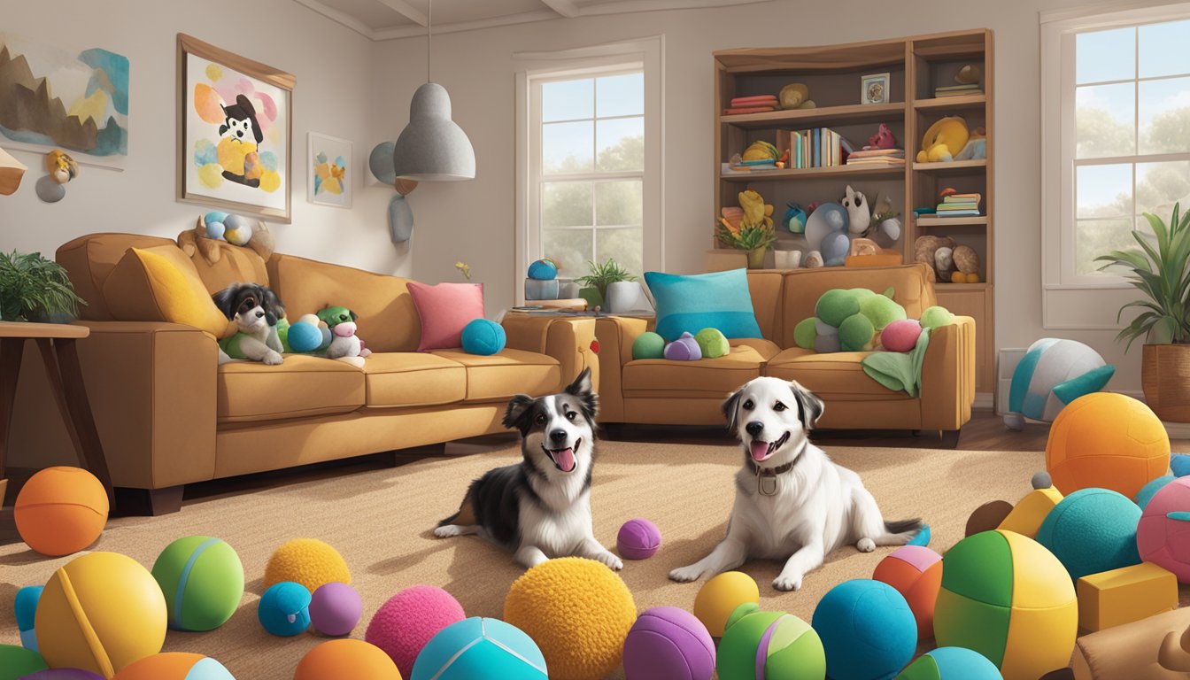 A playful dog surrounded by Buc-ee's dog toys, with a colorful array of plushies, chew toys, and balls scattered around a cozy living room