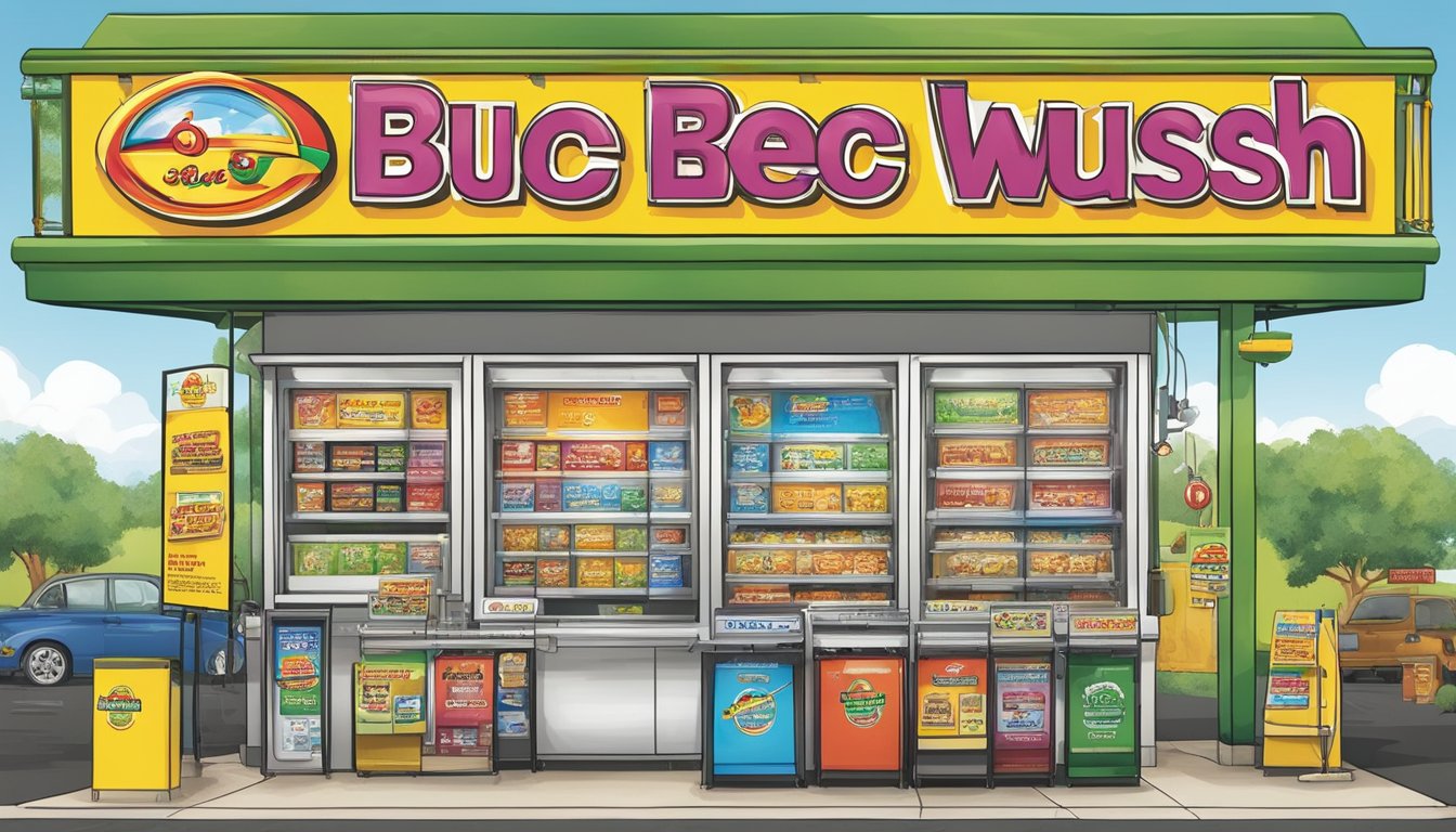 A colorful, eye-catching menu board displaying various additional services offered at Buc-ee's, including car wash, fuel rewards, and more