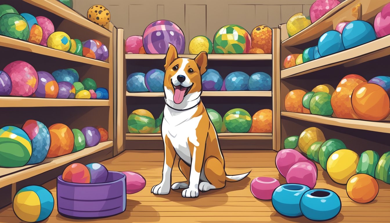 A happy dog choosing from a variety of colorful and durable buc-ee's dog toys displayed on shelves in a pet store