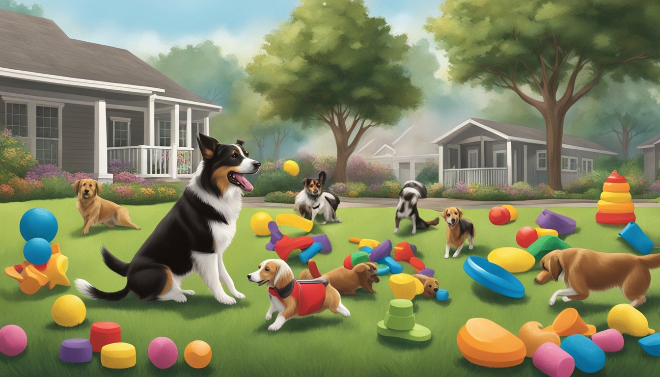 A playful dog surrounded by various Buc-ee's dog toys, scattered across a grassy backyard