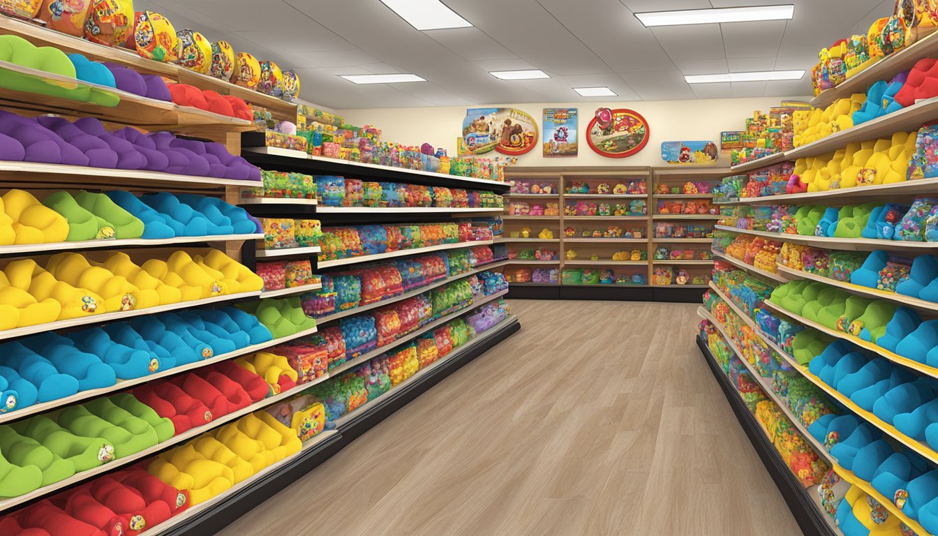 A display of Buc-ee's dog toys, apparel, and accessories arranged on shelves and racks in a bright and colorful store setting