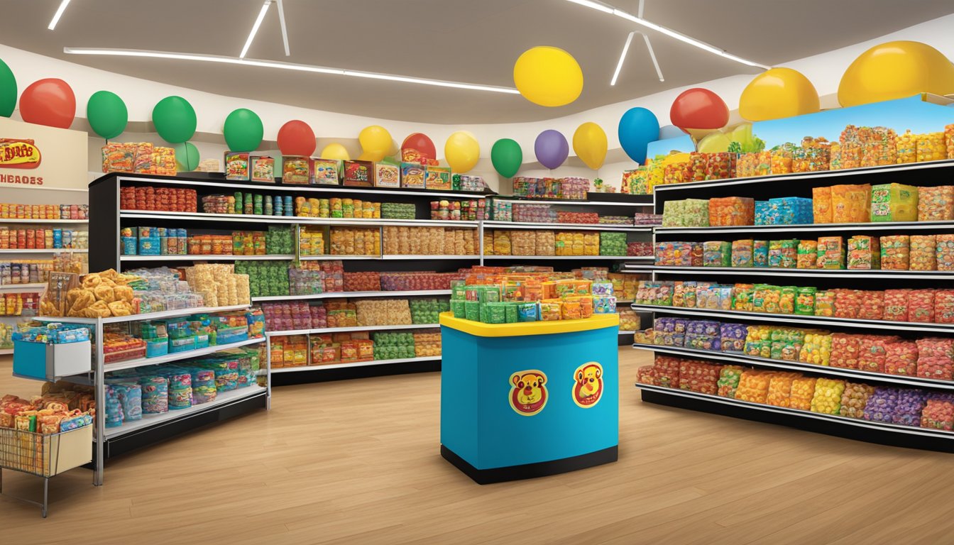 A colorful display of unique products from Buc-ee's online store, including snacks, apparel, and souvenirs, arranged attractively on shelves and tables