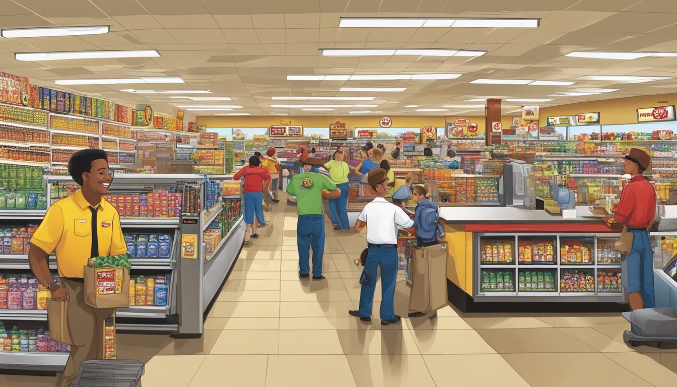 A bustling Buc-ee's store with employees stocking shelves, serving customers, and managing the gas pumps. A busy, energetic atmosphere with a variety of job roles