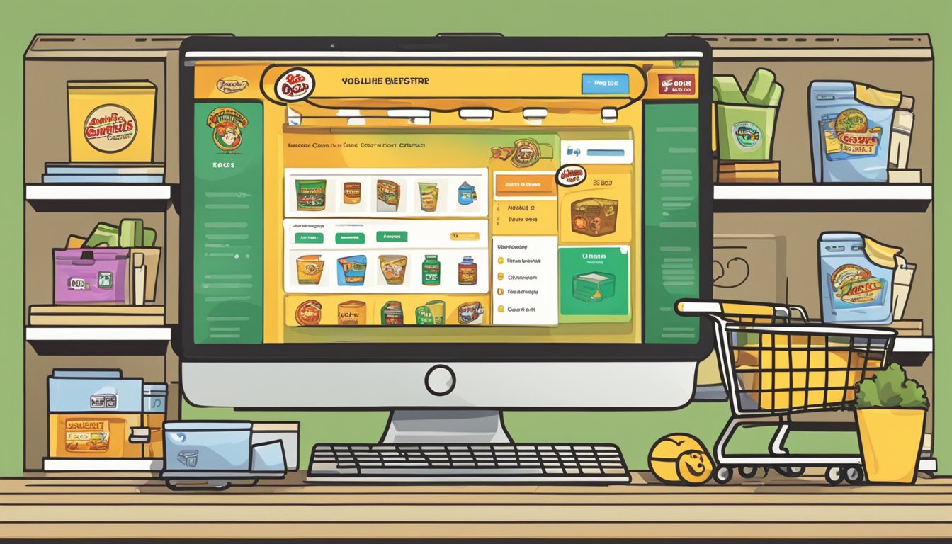 A computer screen displaying the Buc-ee's online store with various products, a shopping cart, and a checkout button