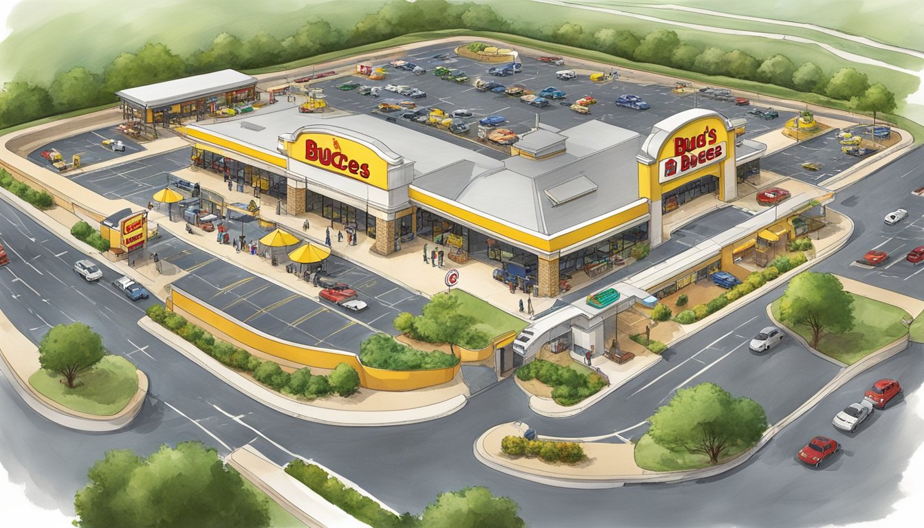 A bustling Buc-ee's travel center in Texas, with a large parking lot and easy highway access