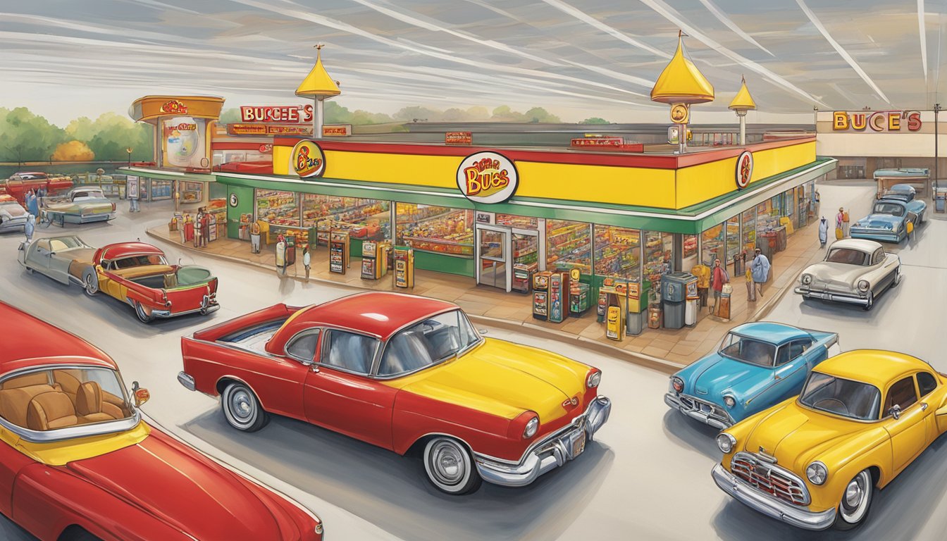 A bustling buc-ee's store in Texas, with a giant beaver mascot, iconic red and yellow color scheme, and a line of cars at the gas pumps