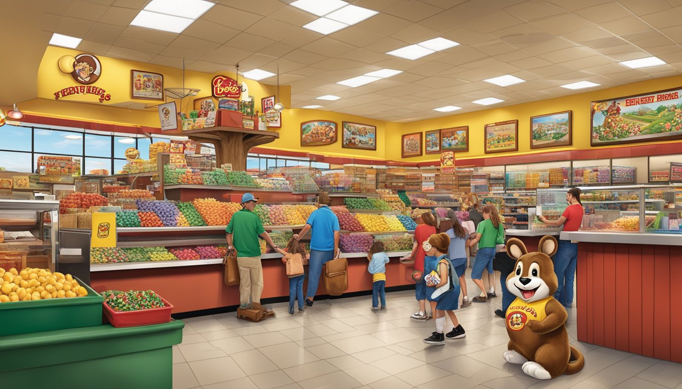 A bustling buc-ee's store with friendly staff and happy customers, surrounded by the company's iconic beaver mascot and Texas-themed decor