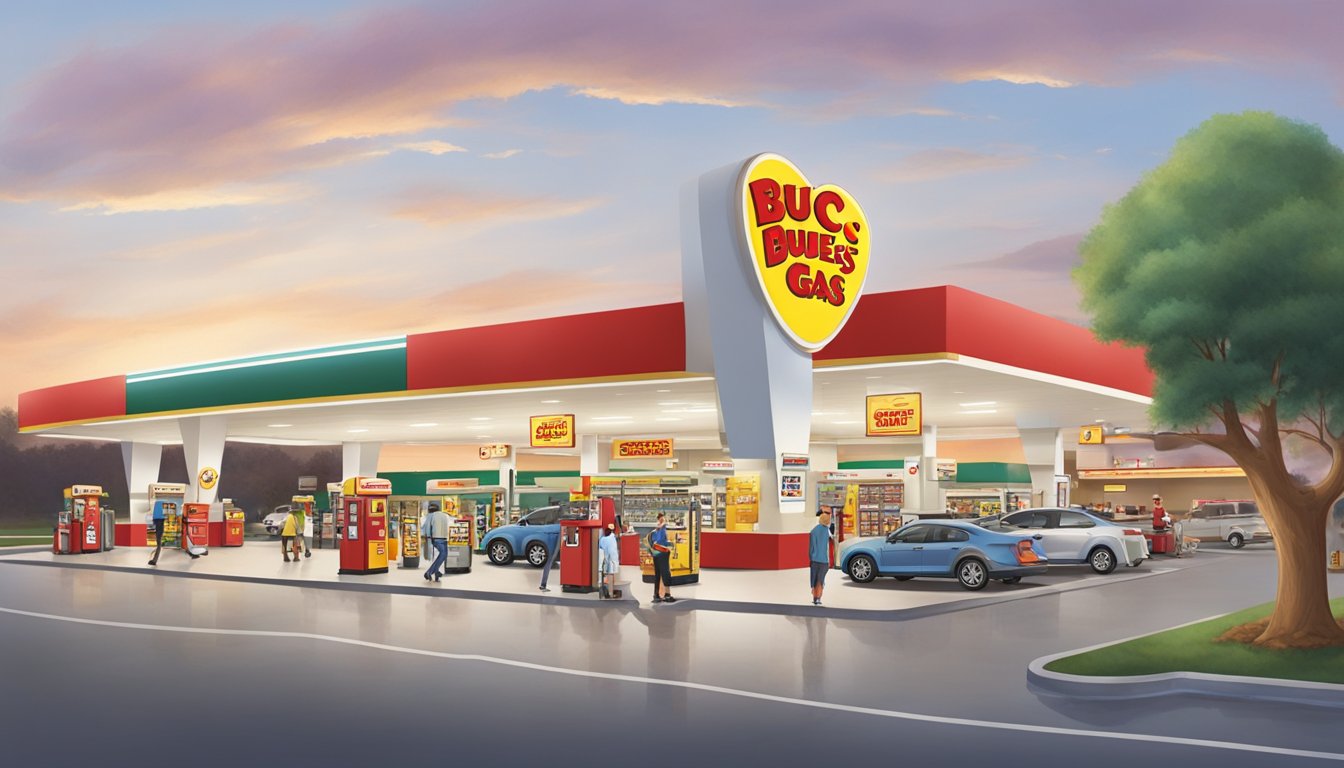 A bustling buc-ee's gas station with employees assisting customers and maintaining a clean, organized environment