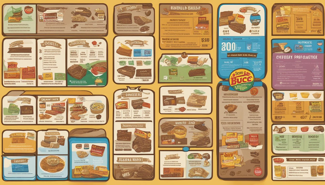 A table with various types of Buc-ee's jerky packages, surrounded by icons representing different dietary considerations and nutritional information