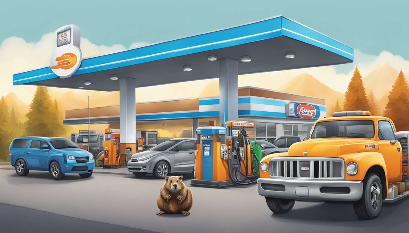 A bustling gas station with a large beaver mascot, fuel pumps, and a convenience store surrounded by cars and trucks