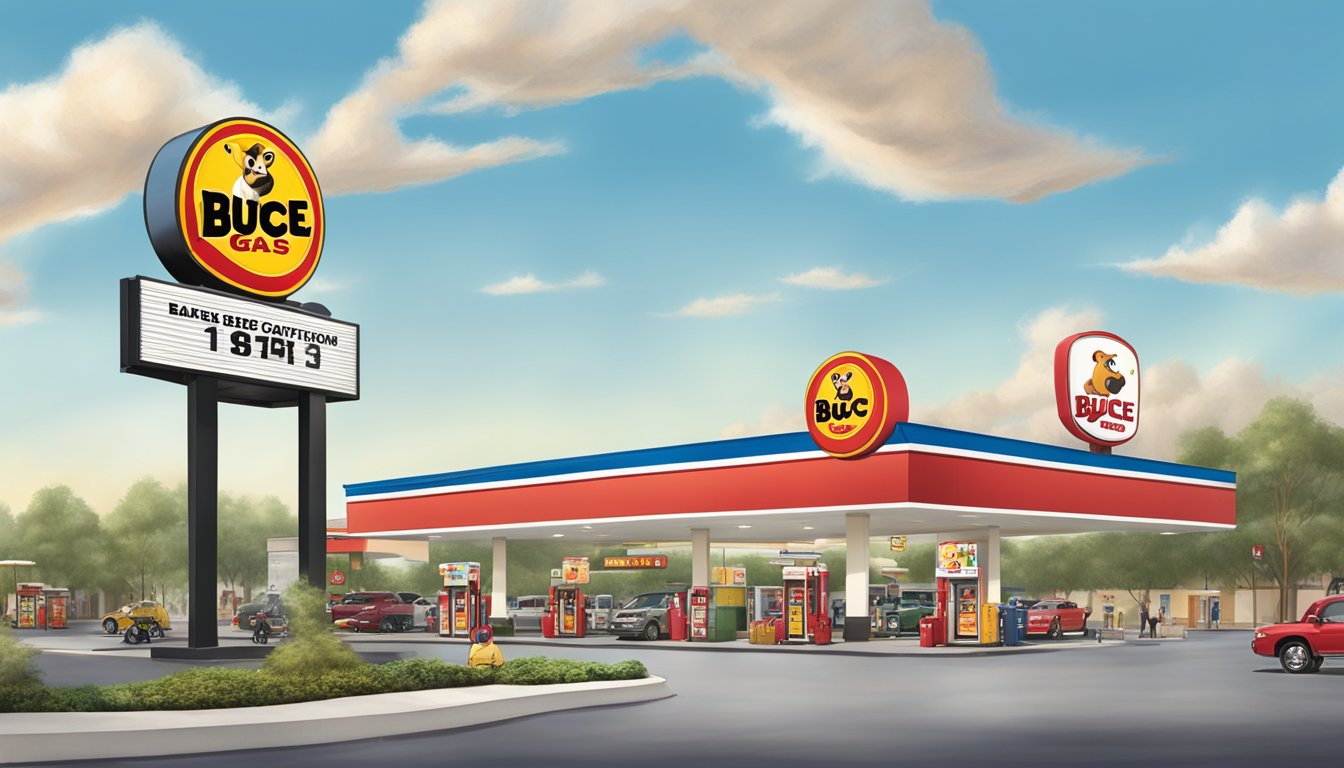 A bustling Buc-ee's gas station and convenience store in Florida, with fuel pumps, a large building, and a prominent beaver mascot sign